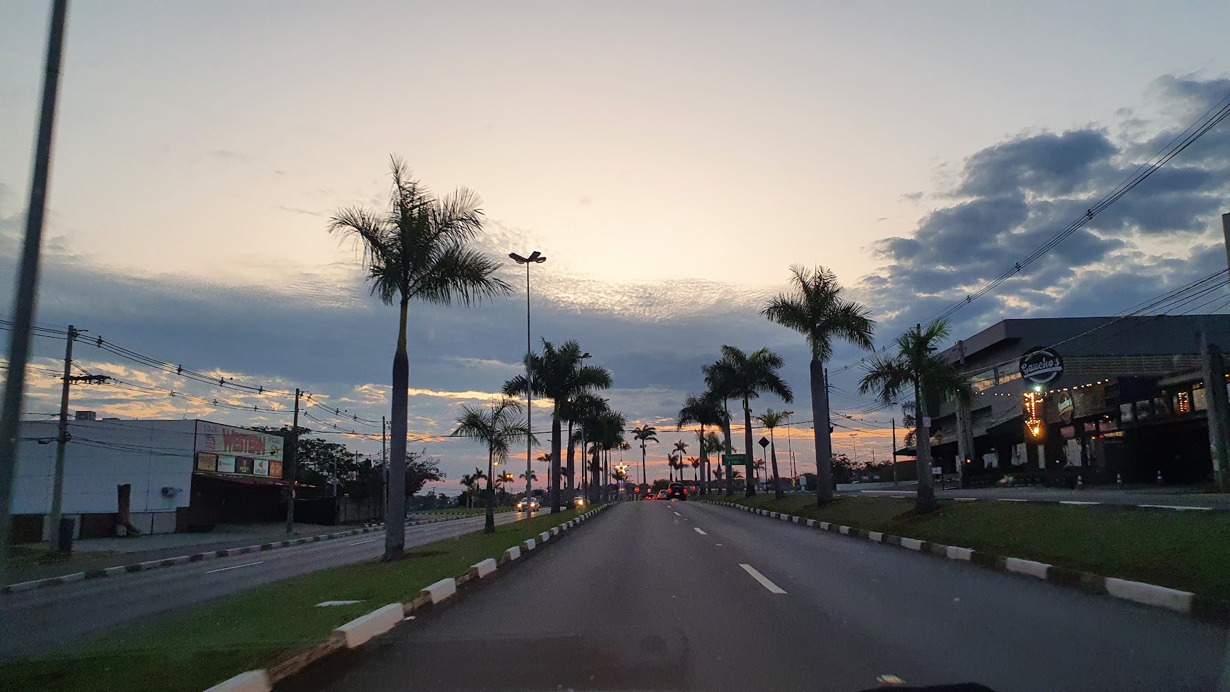 Avenida de Jaguariúna ao entardecer, com palmeiras e comércio